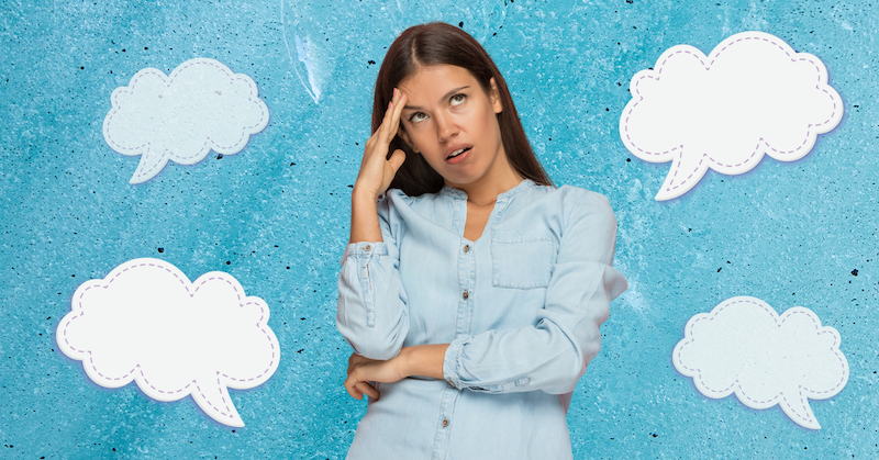 A woman in a blue shirt looks annoyed against a blue background. She is surrounded by speech bubbles.