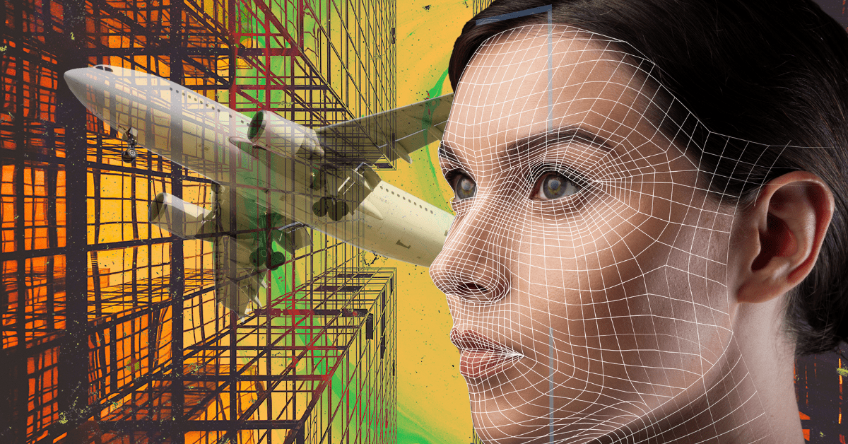 A white woman’s face with digital scanning lines over it and an airplane taking off in the background. 
