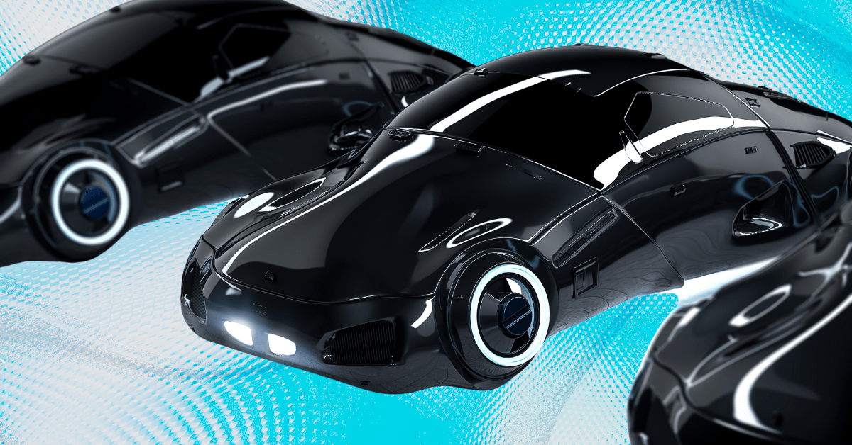 Three of the same futuristic black car on a blue and white background.