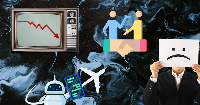 A TV with a declining red chart line on the screen, a cartoon robot holding a mobile phone displaying a messaging app in front of the outline of a plane, a man holding up a sad-face sign, and a cartoon of two people reaching an agreement against a black-and-white background.