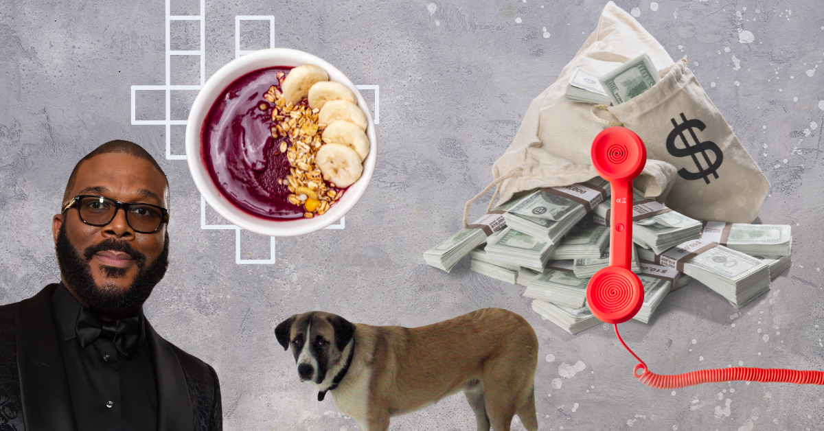 Tyler Perry, an acai bowl overtop a crossword puzzle outline, a bag of money and a red phone receiver, and a dog on a gray background.