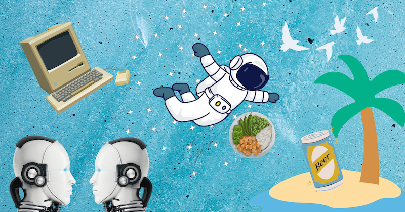 Two robot heads, a Macintosh computer, an astronaut floating near a plate of food, and an island with a beer can on it flanked by birds on a blue background.