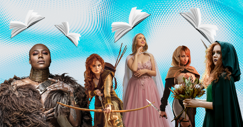 Five young women dressed as fantasy characters surrounded by books.