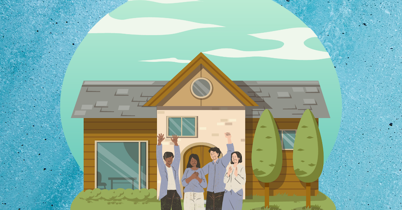 Four friends stand in front of a house.