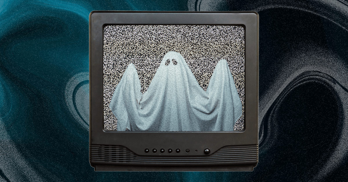 An old television with static and a ghost on the screen.