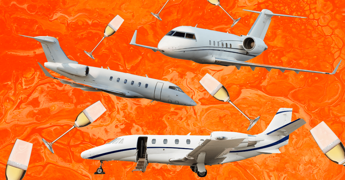 White private jets and glasses of champagne scattered on an orange background.