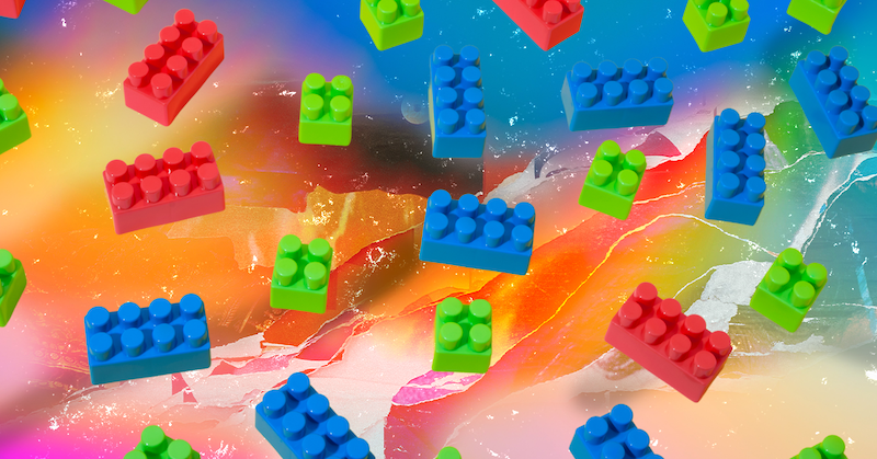 A collage of green, red, and blue Lego bricks against a rainbow-colored background.