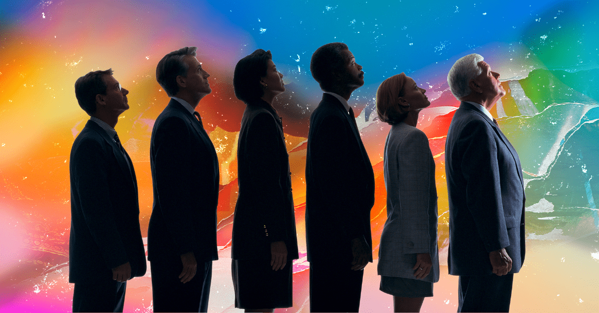 Six silhouettes of people wearing suits stand in a line against a rainbow-colored background.