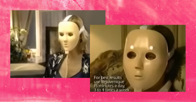 Screenshots of an infomercial featuring a woman wearing a white plastic face mask against a pink background.