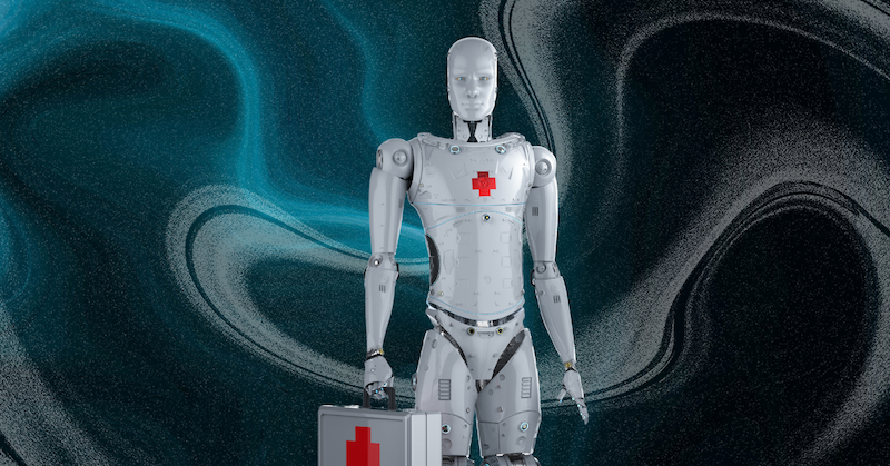 A robot with a red cross on its chest carries a briefcase with a red cross on it against a blue-and-white swirl background.
