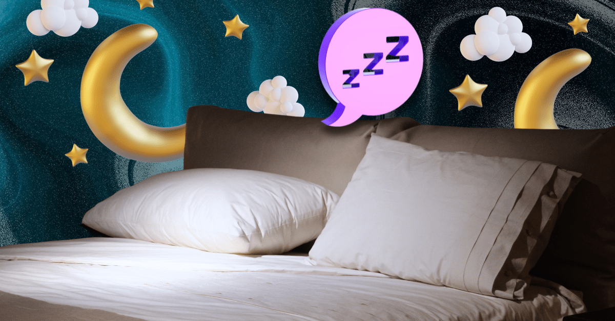A bed with white sheets and cartoon moons, stars, clouds, and Z’s over it.