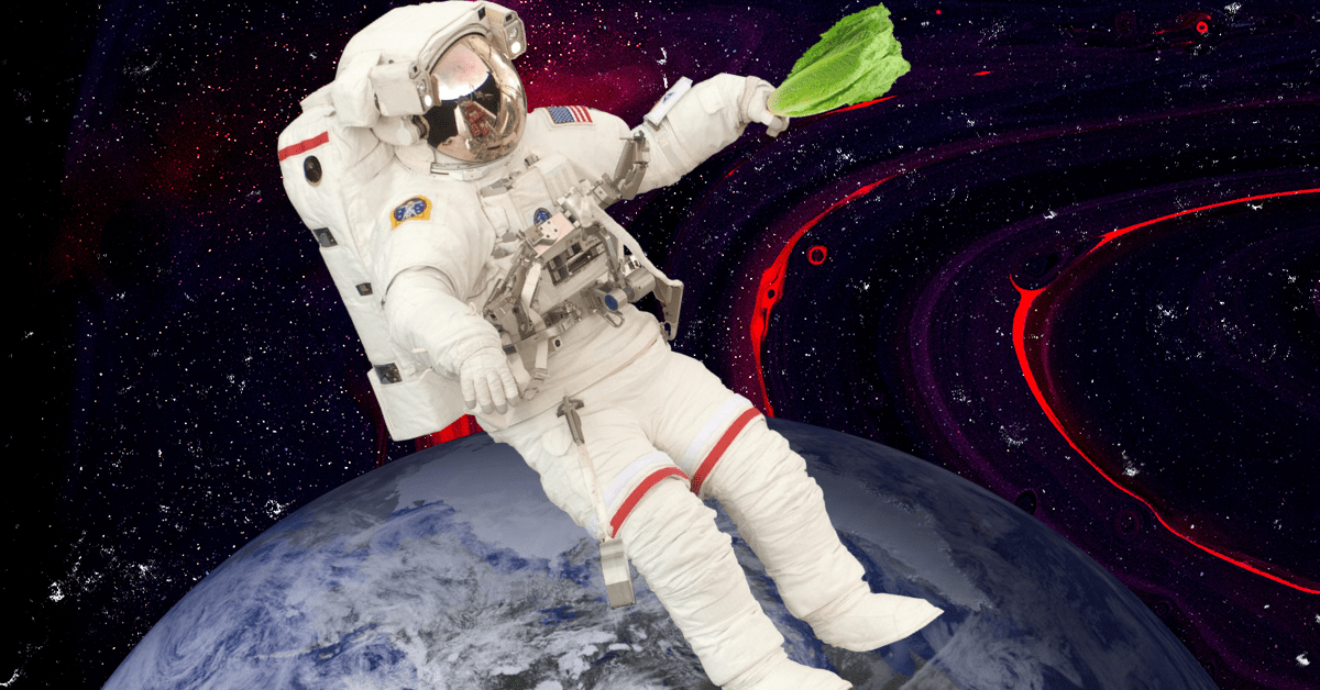 An astronaut in a white spacesuit floating and holding a head of romaine lettuce with the top of the Earth in the background.