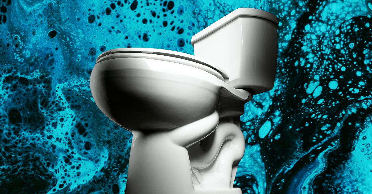 A white toilet on a blue and black swirled background.