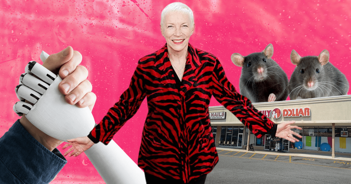 A collage against a pink background: a human hand and a robot hand appear to be arm wrestling, singer Annie Lennox, and two rats are depicted atop a Family Dollar retail location.