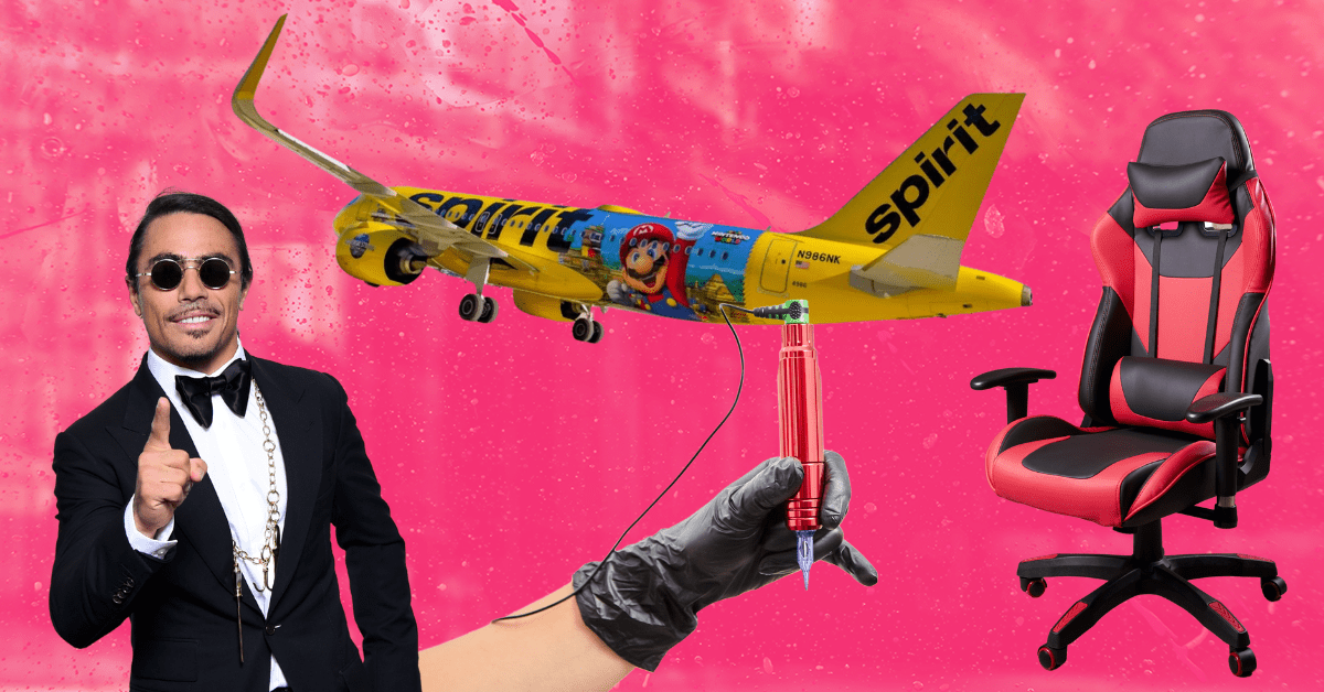 A collage of images against a pink background: influencer chef Salt Bae, a yellow Spirit Airlines plane, a gloved hand holding a tattoo needle, and a red and black gaming chair.
