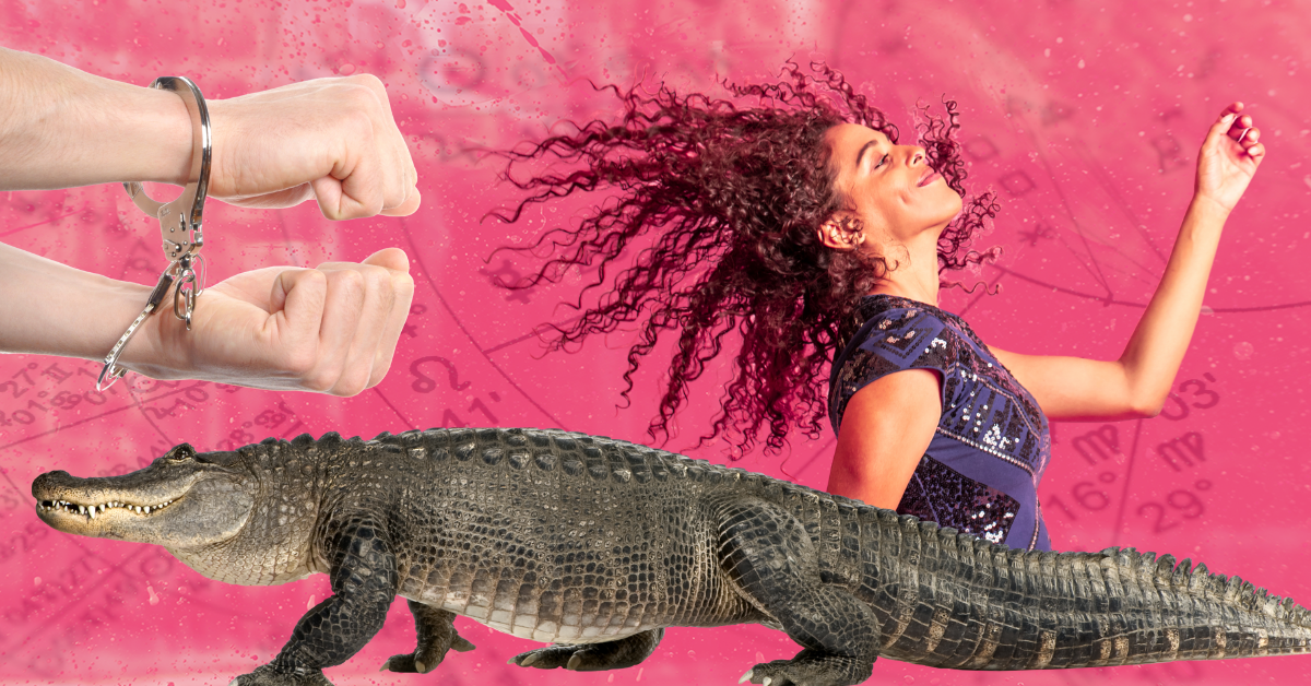 A collage of images shows two hands bound in handcuffs, a woman dancing, and an alligator.