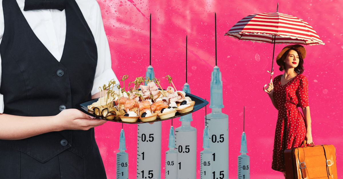 A collage on a pink background shows: A formally dressed caterer holding a tray of hors d'oeuvres, a dozen of syringes, and a woman holding an umbrella in one hand and luggage in the other.