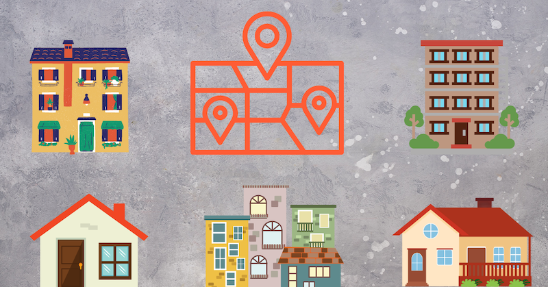 Several cartoon images of houses and apartment buildings on a gray background surrounding an orange zoning map.